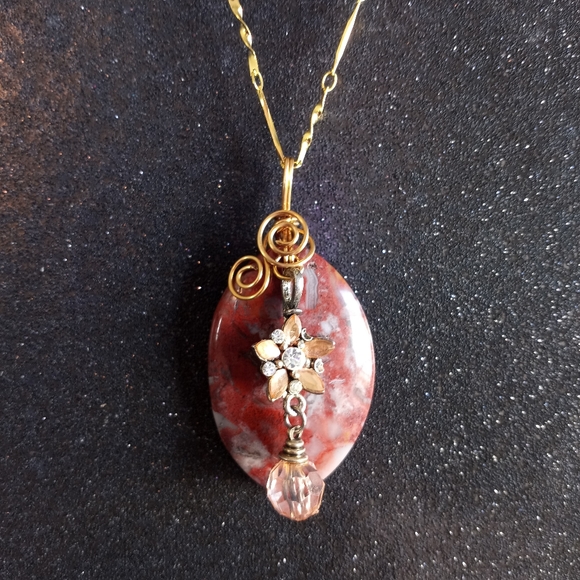 Brown tiger stripes jasper gold wire wrapped pendant on gold necklace new - Picture 4 of 7